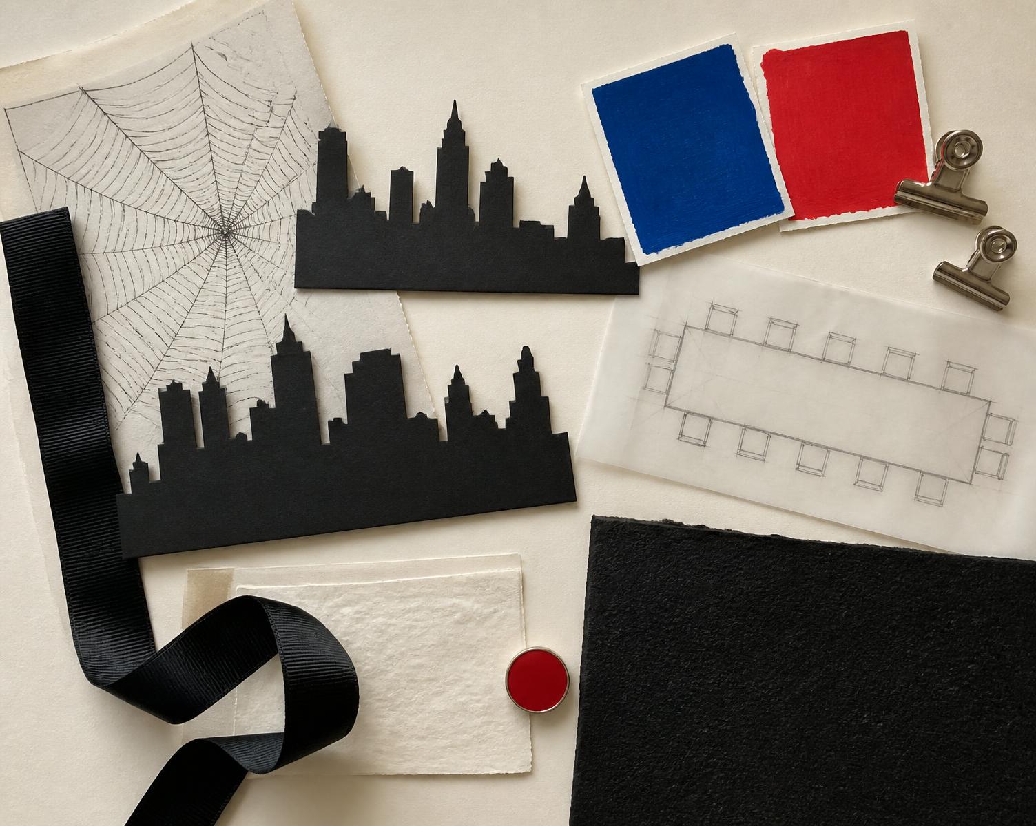 Spider-Man Party — materials and colour board